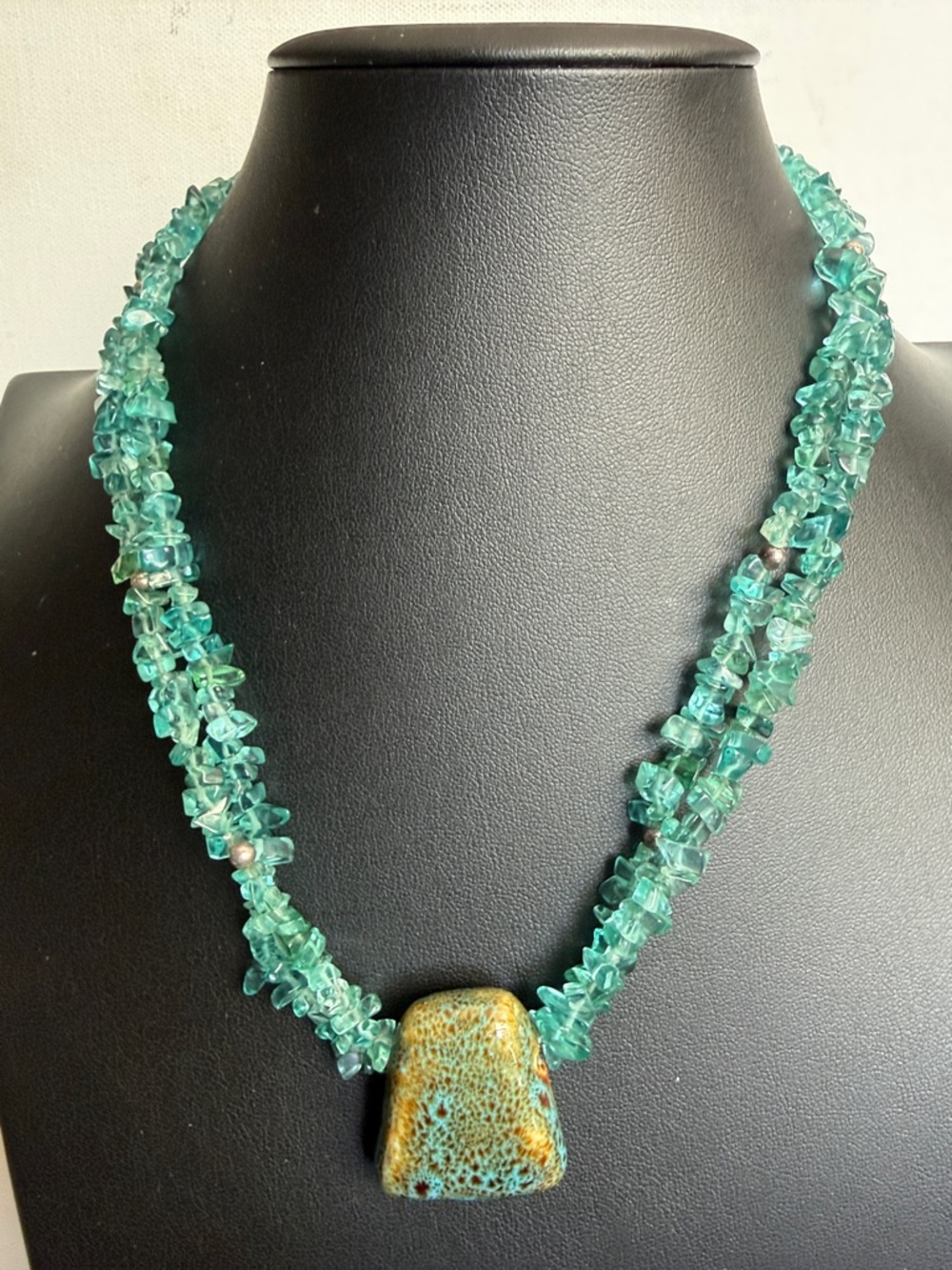 Teal Chip Bead Necklace with Glazed Ceramic Pendant - Women Jewelry